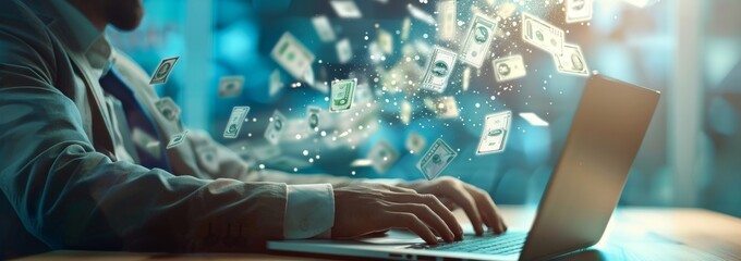 Businessman is using his laptop to control the flow of money in an online network with dollar signs floating above it, symbolizing financial innovation and technology for sales and marketing