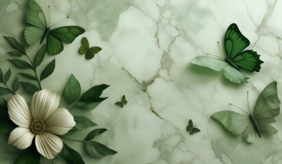 marble background with flower designs and butterfly silhouette, wall decoration in green tones