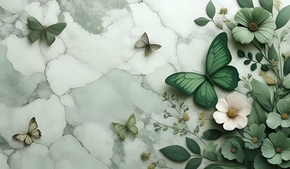 marble background with flower designs and butterfly silhouette, wall decoration in green tones