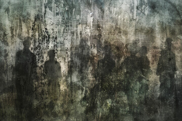 An abstract digital artwork featuring layers of translucent textures and patterns, overlaid with faint imprints of ghostly figures and ephemeral shapes