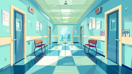A modern cartoon interior of a medical clinic hall with doors to the waiting room, the lab, and the stairs. - obrazy, fototapety, plakaty