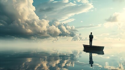 Contemplative Man Standing Alone on a Boat, Vast Calm Waters, Surreal Quiet and Solitude, Conceptual Photography. AI