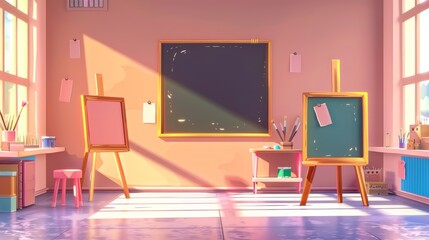 This cartoon modern illustration shows an empty artist studio interior with a blackboard, canvas on the easel, brushes, and a stool, together with plaster shapes and frames.