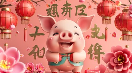 Naklejka premium Poster of colorful plum flowers and spring couplet, Welcome happiness with Chinese characters written in spring.