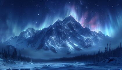 Night view of snowy mountains with beautiful pink aurora lights hitting the river. The sky is clear and you can see the stars. generative ai