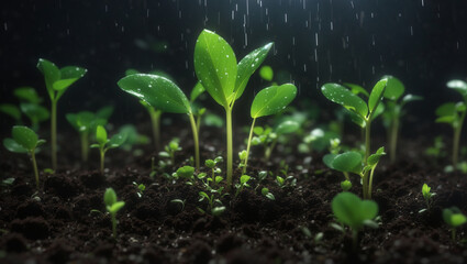 green seedlings growing in a dark soil with water droplets falling