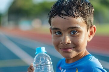 Group of child athletes drinking water at stadium - Powered by Adobe