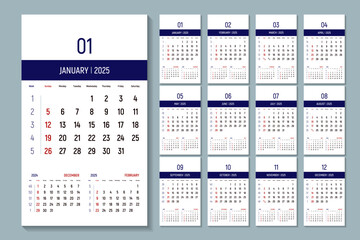 Monthly calendar template for 2025. The week starts on Sunday. Wall calendar in a minimalist style.