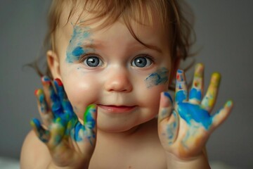 Adorable preschool boy and girl paint with vibrant, colorful creativity, playful hand smudges in funny, cute group drawing - Powered by Adobe