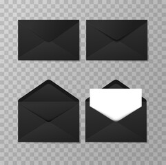 Set of realistic black envelopes in different positions. Folded and unfolded envelope backpack isolated