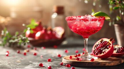 Savor the exquisite taste of a Pomegranate Margarita cocktail, expertly crafted and beautifully captured in professional cocktail photography. This enticing libation is presented in a minimalist glass