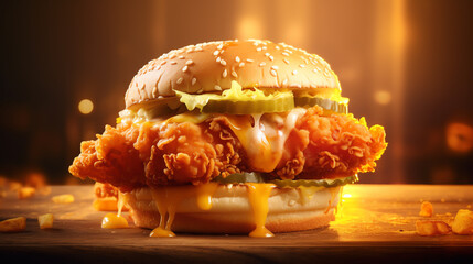 Cheesy chicken burger with melting slice, textured table, soft backlight, slight tilt