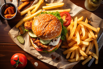 Hearty chicken burger with golden fries, casual diner table, overhead shot, natural sunlight