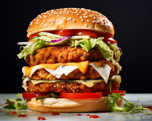 Stacked chicken burger, vibrant toppings, clean white table, high contrast light