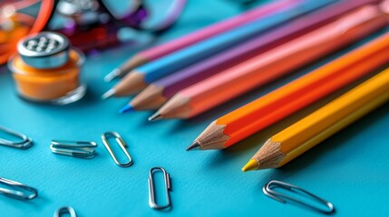 A scattering of colorful school supplies like pencils, crayons and pens for drawing and writing