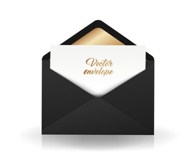 Vector envelope. Open black envelope with invitation card. Marriage invitation card design. Realistic backpack envelope.