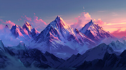 Panoramic Snowy Mountain Range at Dawn with Pink Sunrise Sky