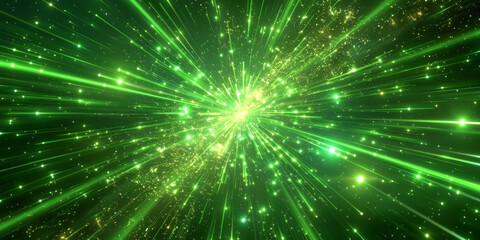 Fototapeta premium Green light burst speed montion background, green Explode particles freeze splash, gsuitable for futuristic, technology, or energy concept designs, banner, copy space, 