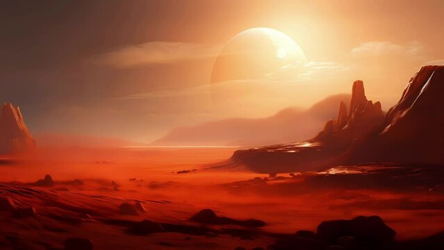 Surface of a distant planet with an imposing translucent sphere looming in the sky. Dreamy red planet surface