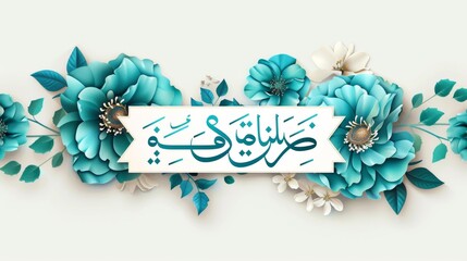 This calligraphy represents Ramadan Kareem as a generous holiday with turquoise flowers on white banners.