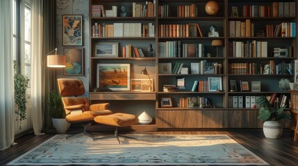 Visualize a modern luxury study room with a sleek, ergonomic workspace, shelves adorned with books and personal artifacts