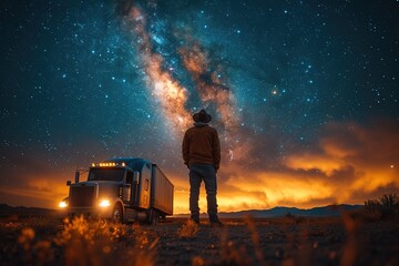 A trucker enjoying a moment of solitude at a remote truck stop, their rig parked under a starry night sky - Powered by Adobe