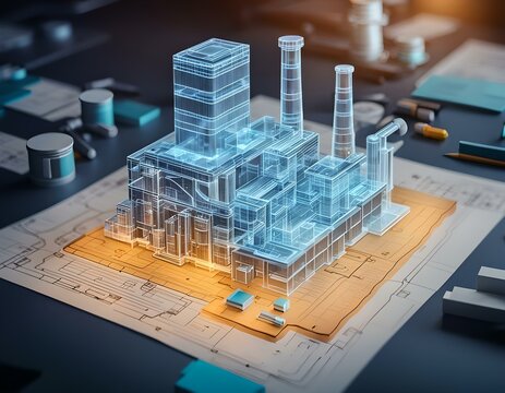 Model of a Factory With Blueprints. Generative AI