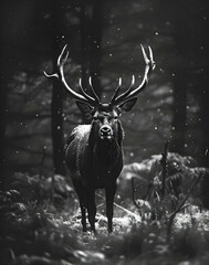 Black and white photograph of wildlife featuring stag, large buck, male deer, forest animals and wildlife, national geographic images