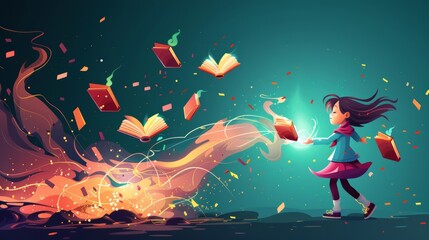 An illustration of a happy child character with flying books with magical glow and sparkles, isolated on a dark background. Modern cartoon fantasy illustration of a happy child character with flying