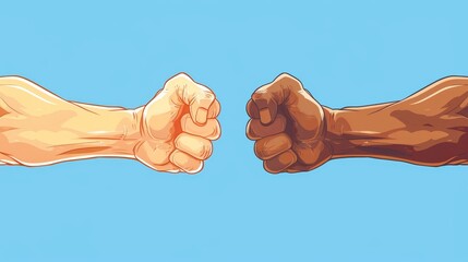 A modern cartoon illustration of human arms playing in a game of Rock, Paper, Scissors isolated on blue background. Hands in fists and victory symbol.