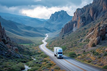 A trucker guiding their semi-truck through a challenging mountain pass, cliffs rising on one side...