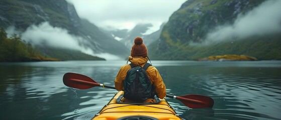 A peaceful view of a girl in a canoe surrounded by fjords from behind. Concept Nature, Canoeing, Fjords, Peaceful Setting - obrazy, fototapety, plakaty