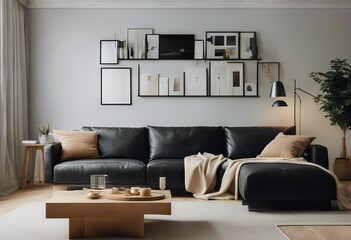 living room background empty natural home sofa wooden design wall furniture Scandinavian dark Mock bright decor
