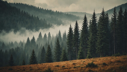 an image of a foggy forest from above. The trees are mostly green, and the fog is white. - obrazy, fototapety, plakaty