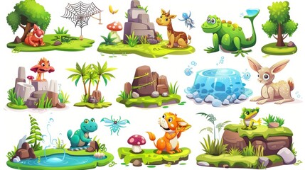 Obraz na płótnie Canvas Animals with habitats, a spider web, golden fish, and an aquarium. Modern cartoon set of cute wild animals with their habitats, frogs, ponds, rabbits, and burrows on white.