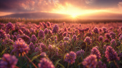 A field covered in vibrant purple flowers stretches out beneath a cloudy sky, creating a striking...