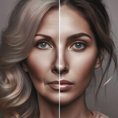 Anti-aging. Two halves of a face with an old and a young half. Comparing old and young. Life extension. Biological clock. Reversal of aging. Biological immortality. Anti-ageing. Generative AI