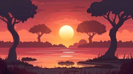 An evening sunset landscape with a lake, sun on horizon, and silhouettes of trees along the coast. Modern parallax background suitable for game animations with cartoon nature scenes featuring forests © Mark