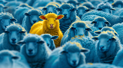 A vibrant yellow sheep stands out in a crowd of identical blue sheep, symbolizing individuality, uniqueness, and the courage to be different, created with generative AI technology