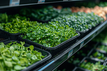 Fresh young sprouts of microgreens in black containers stand on shelves of supermarket under artificial daylight. Selective focus. Copy space - obrazy, fototapety, plakaty