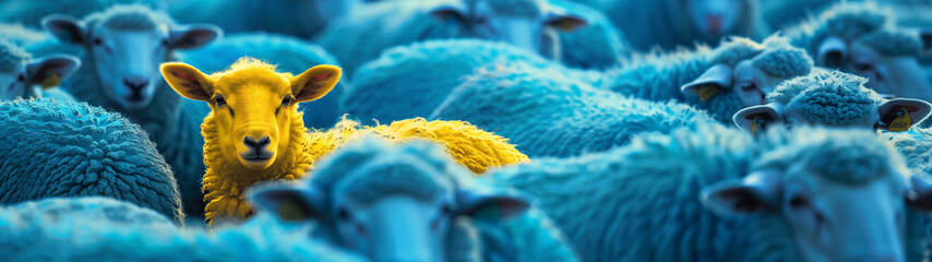 A vibrant yellow sheep stands out in a crowd of identical blue sheep, symbolizing individuality, uniqueness, and the courage to be different, created with generative AI technology - obrazy, fototapety, plakaty