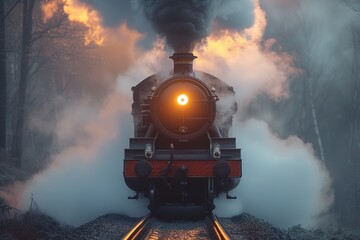 A vintage locomotive's steam exhaust billowing dramatically as it starts its journey