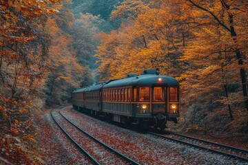 Fototapeta premium A vintage passenger train traveling through a colorful autumn forest