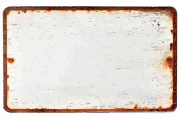 Rusty metal sign with a white background and a brown border. Suitable for adding a vintage touch to designs, vintage-themed projects, or signage for old-fashioned or antique-related concepts.