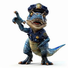 2D dinosaur police officer directing traffic, bold and authoritative, against a white background - obrazy, fototapety, plakaty