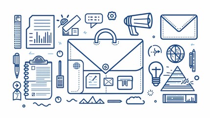 Various digital marketing icons, including a briefcase, smartphone, hand with megaphone, report, e-mail envelope, pyramid graph with magnifier, and a line art modern illustration.