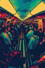 Pop art fisheye view of a crowded subway platform, stylized figures, bold colors, and distorted perspective