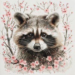 Handdrawn raccoon in a bed of cherry blossoms, depicted in watercolor on a crisp white canvas