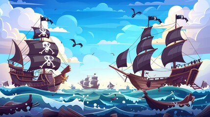 Pirate ship and galleon before and after sea battles. Sailboat battles with cannon fire. Modern cartoon set of wooden ships with folded sails, with black flags, with broken sails after a storm or - obrazy, fototapety, plakaty