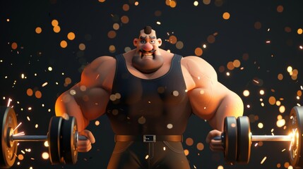 The 3D illustration shows a handsome man lifting weights and emitting sparks